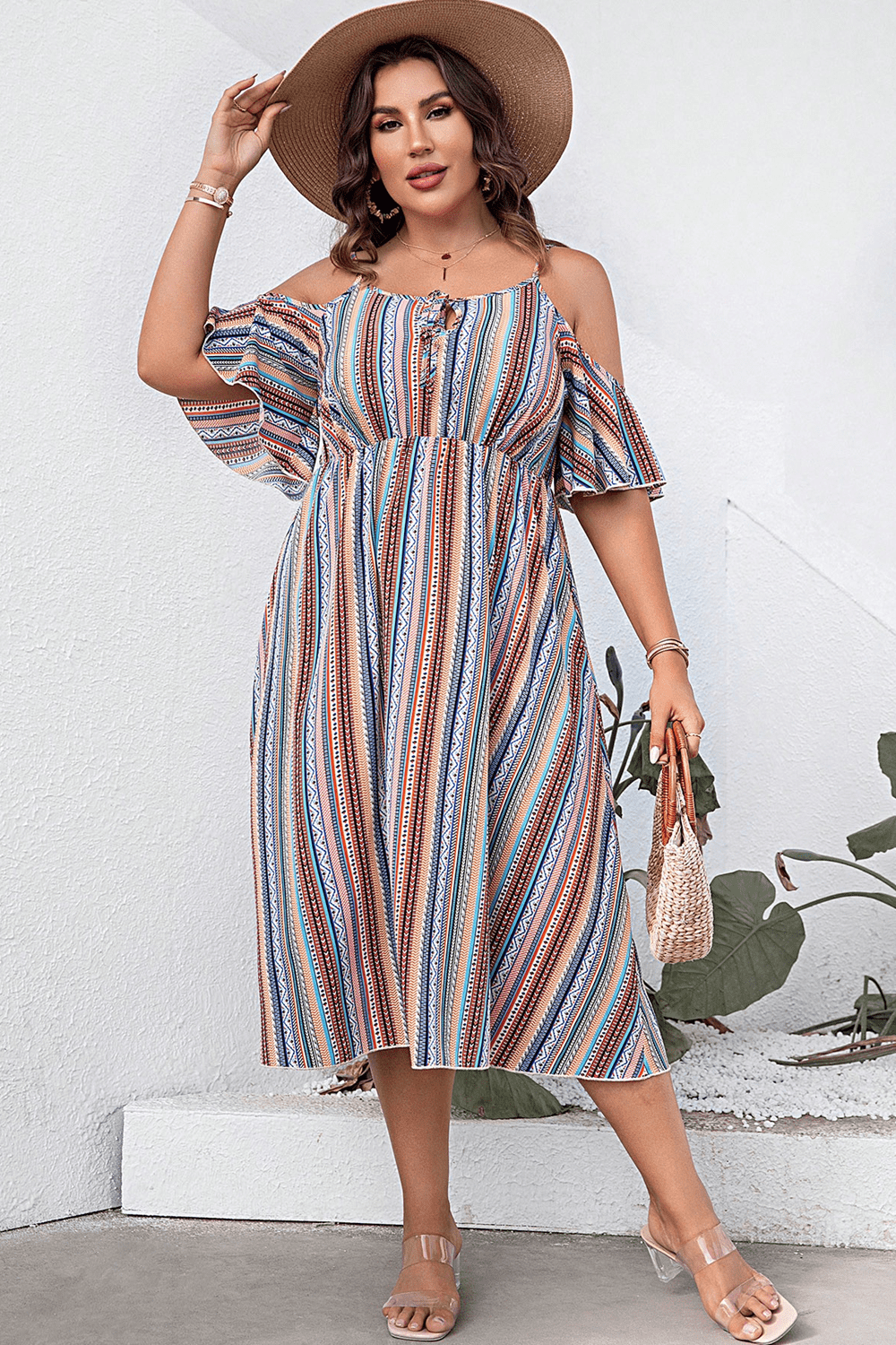 Plus Size Striped Cold-Shoulder Midi Dress (Curve Chic) - -