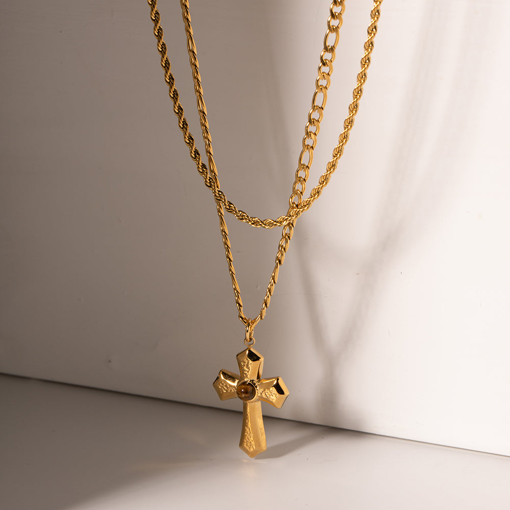 Elegant Double Layered Cross Necklace - -