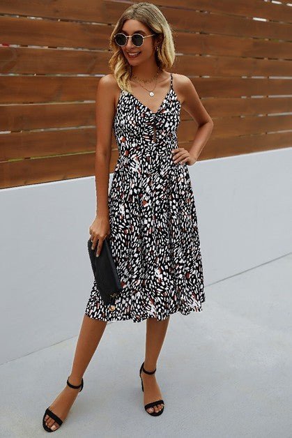 V Neck Spaghetti Strap Leopard Cut Out Midi Dress – | Shannon’s Chique Boutique