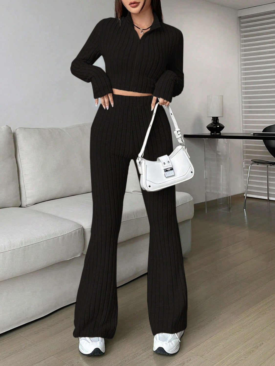 Honey Zip Up Long Sleeve Top and Pants Set - -