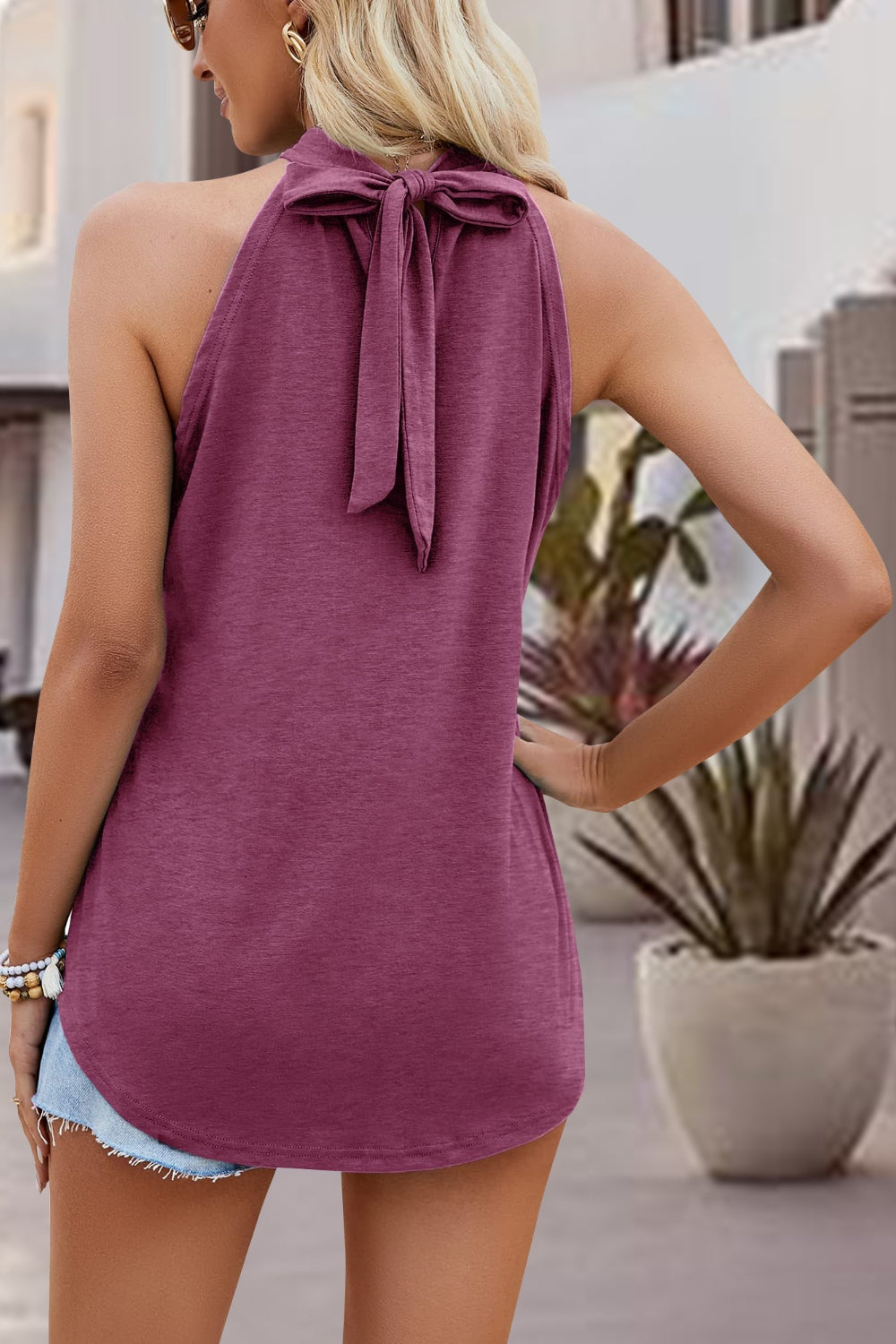 Tied Cutout Grecian Neck Tank - -