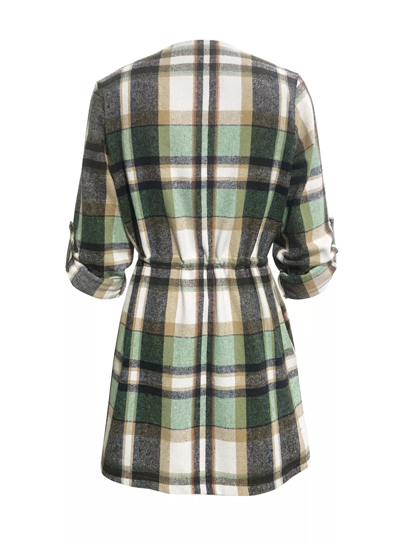 Green plaid tunic shirt, long sleeve, made of soft flannel with an adjustable drawstring waist.