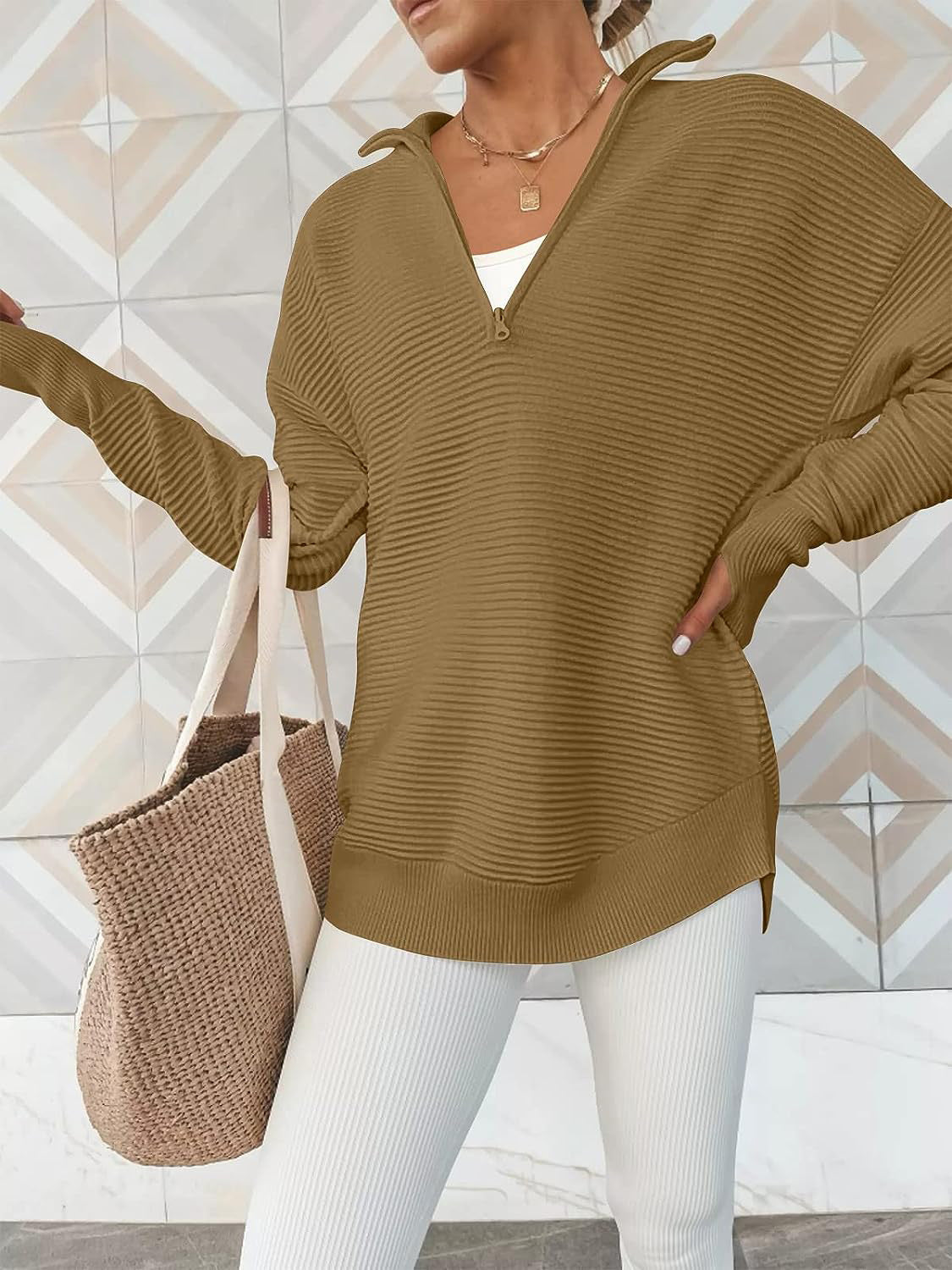 Half Zip Long Sleeve Knit Top - -