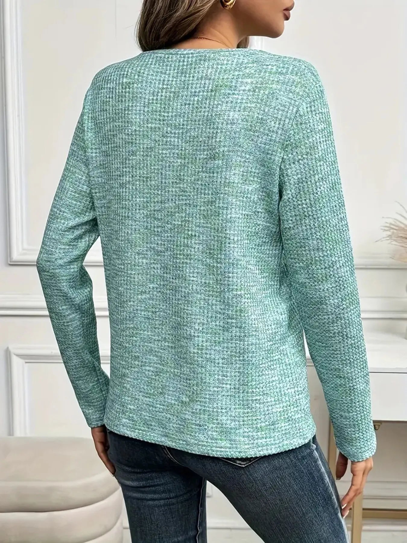 Heathered V-Neck Long Sleeve T-Shirt - -