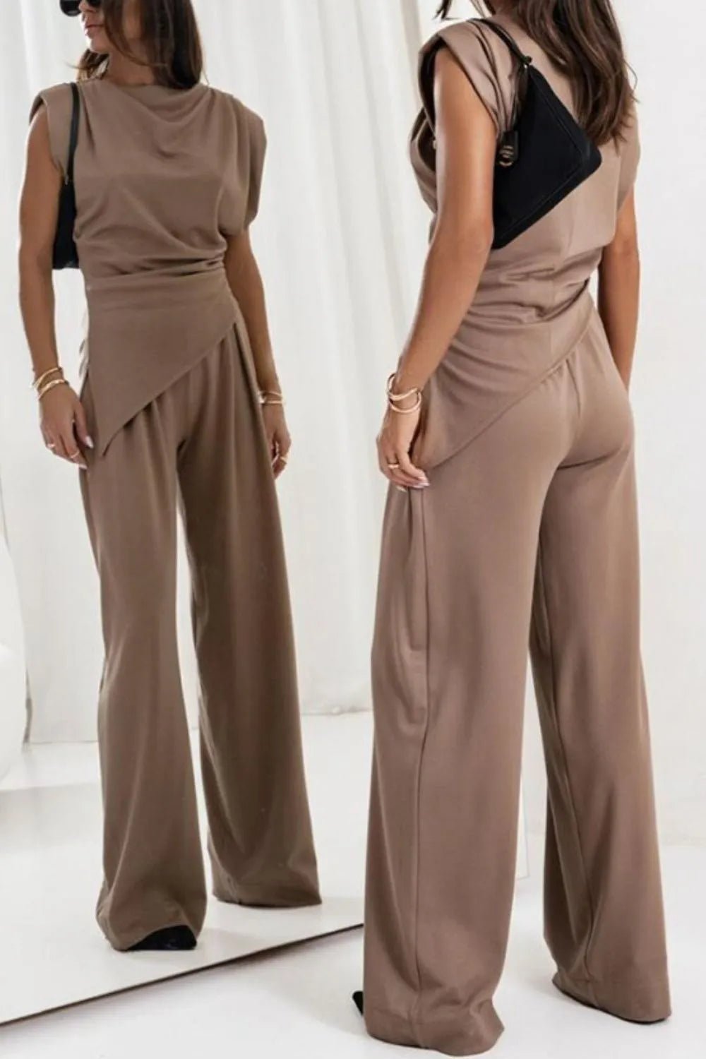 Luxe Asymmetrical Ruched Set - Elevated Wide-Leg Ensemble - -