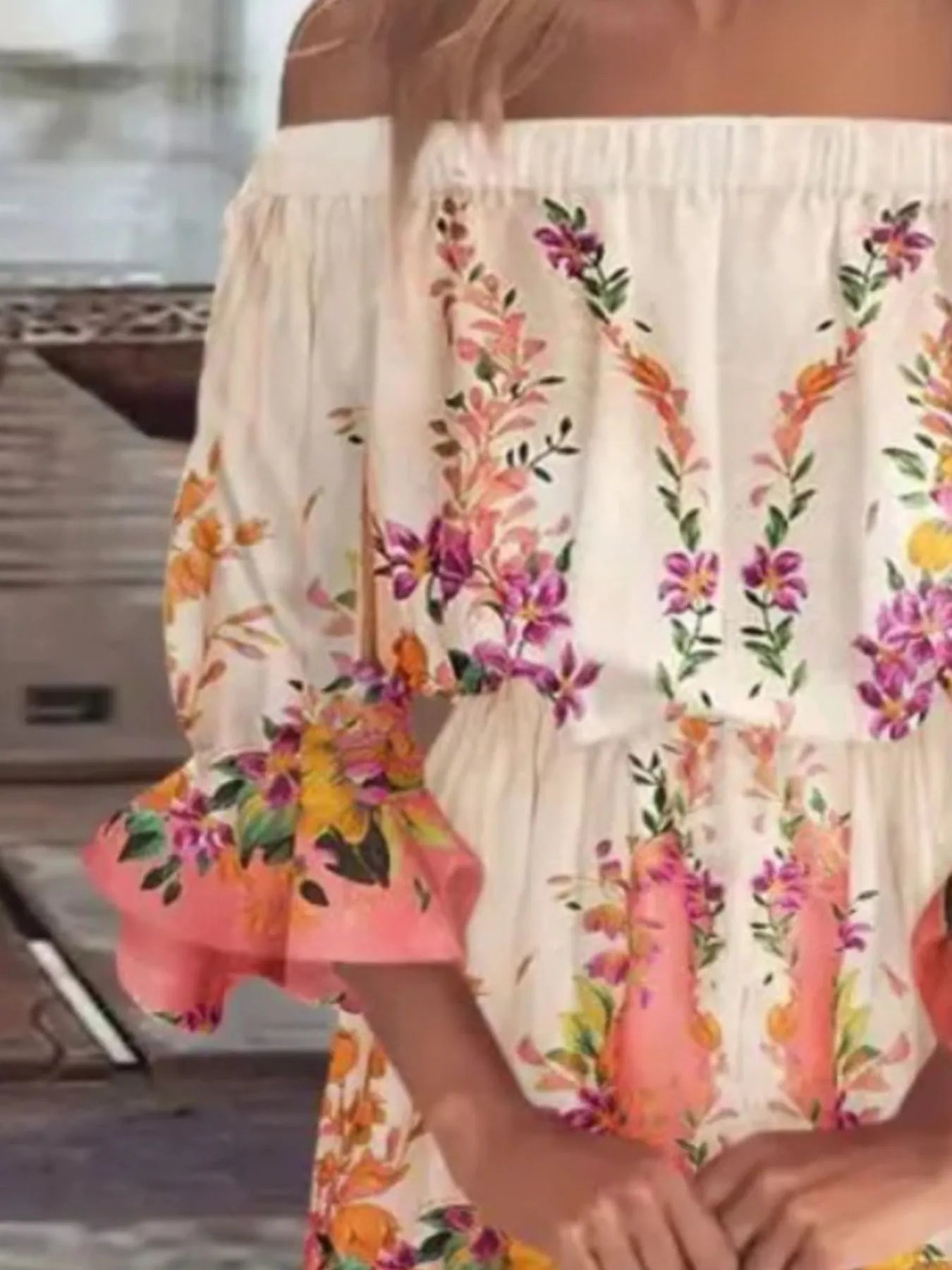 Full Size Floral Off-Shoulder Flounce Sleeve Mini Dress Plus Size - -