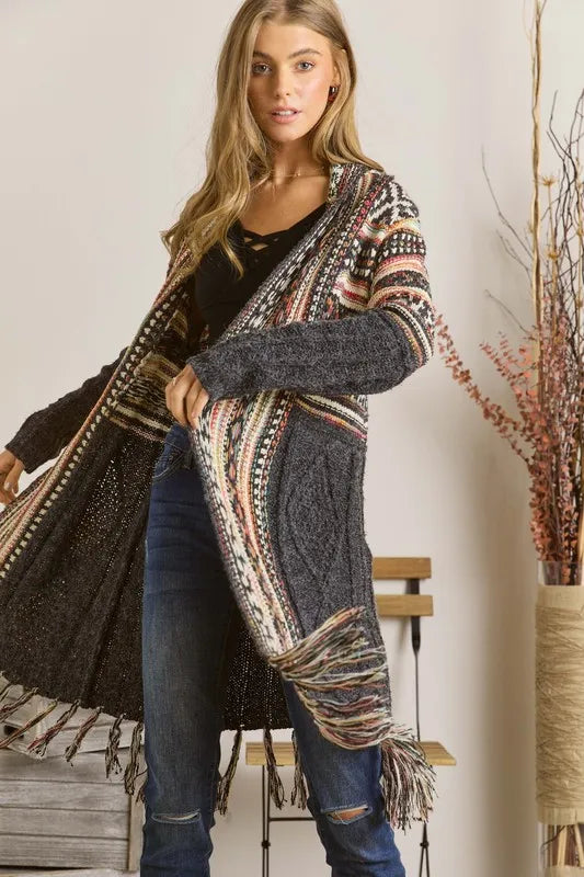 ADORA Full Size Fringe Hem Aztec Cardigan Plus Size.