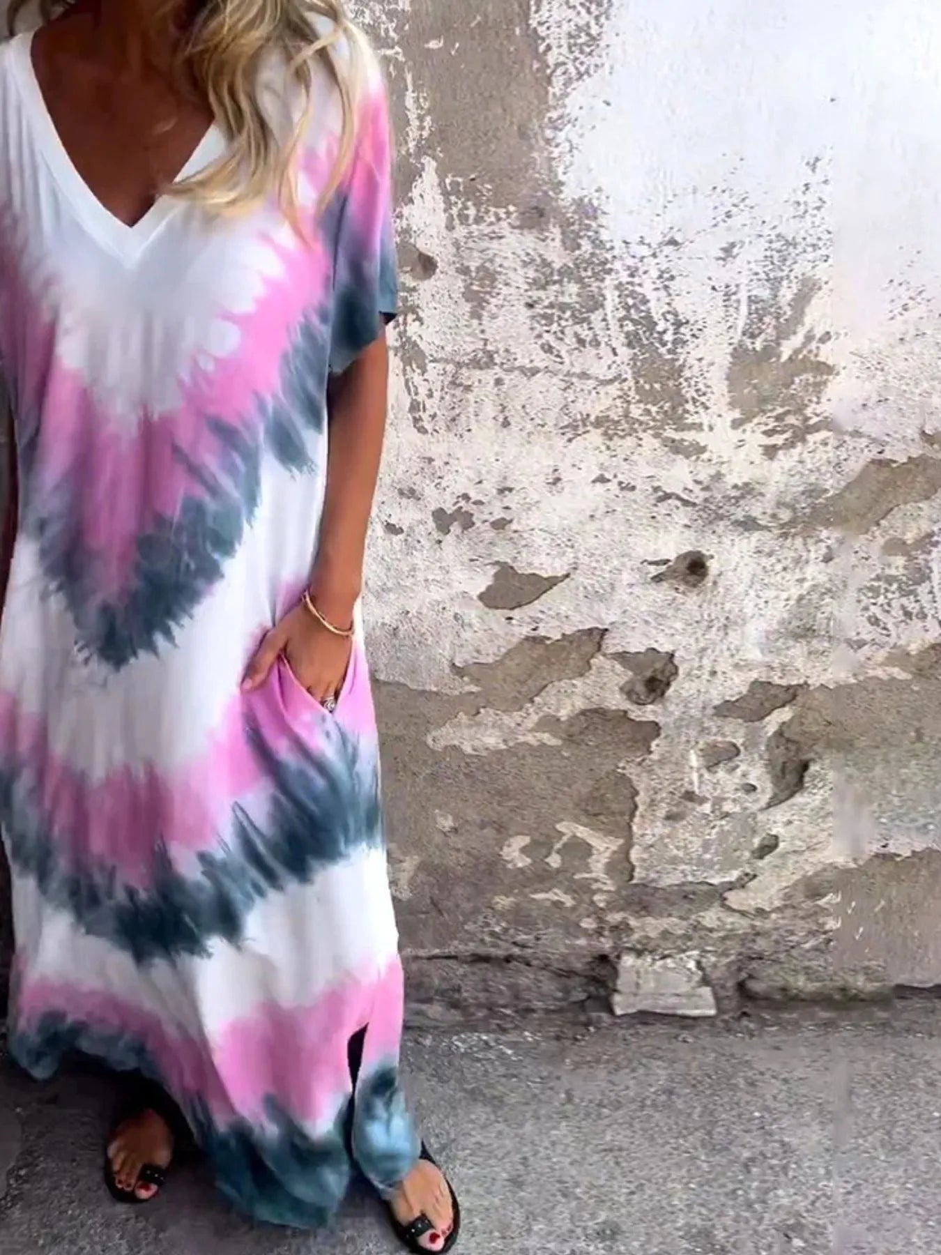 Full Size Tie-Dye V-Neck Midi Dress with Pockets Plus Size - Pink -