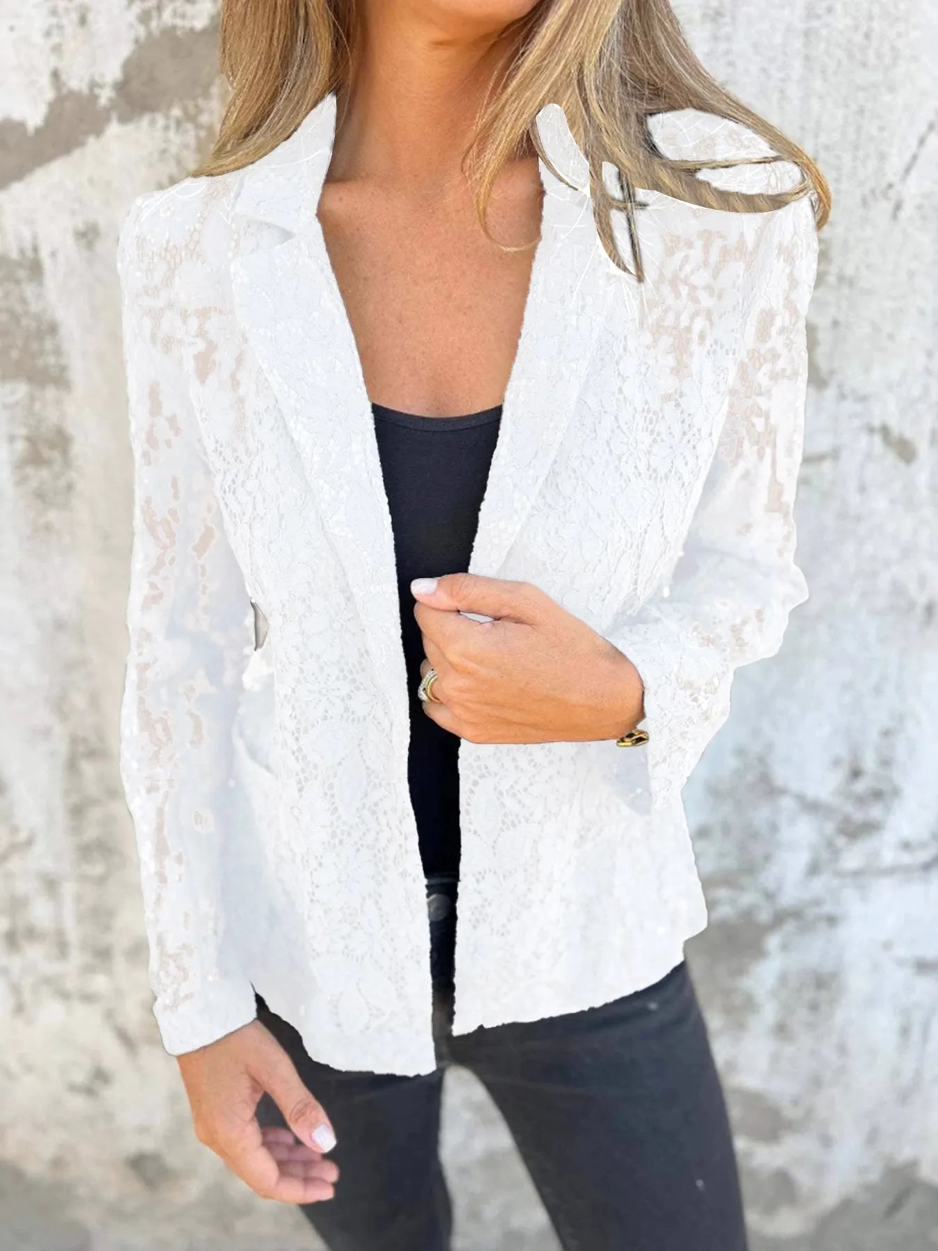 Full Size Lace Open-Front Blazer Plus Size - -