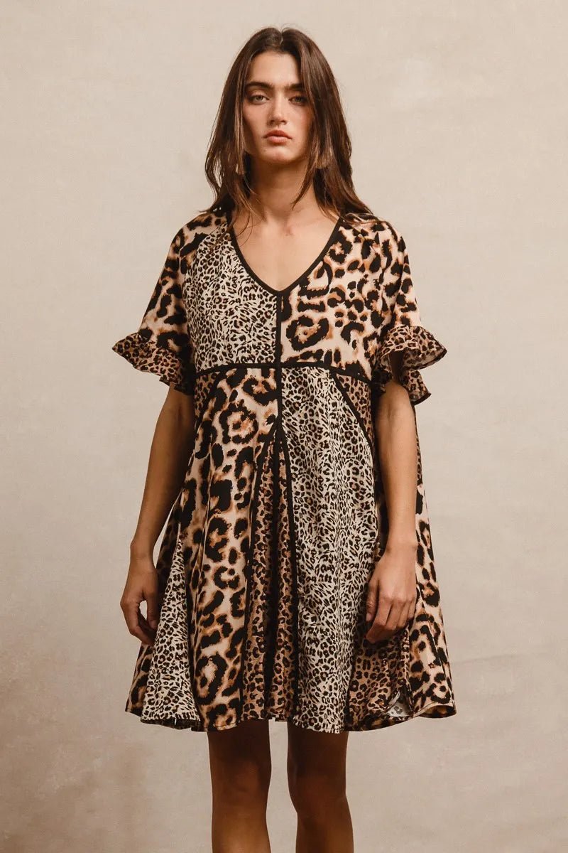 BiBi Leopard Prints Mix and Match Short Sleeves Dress - -