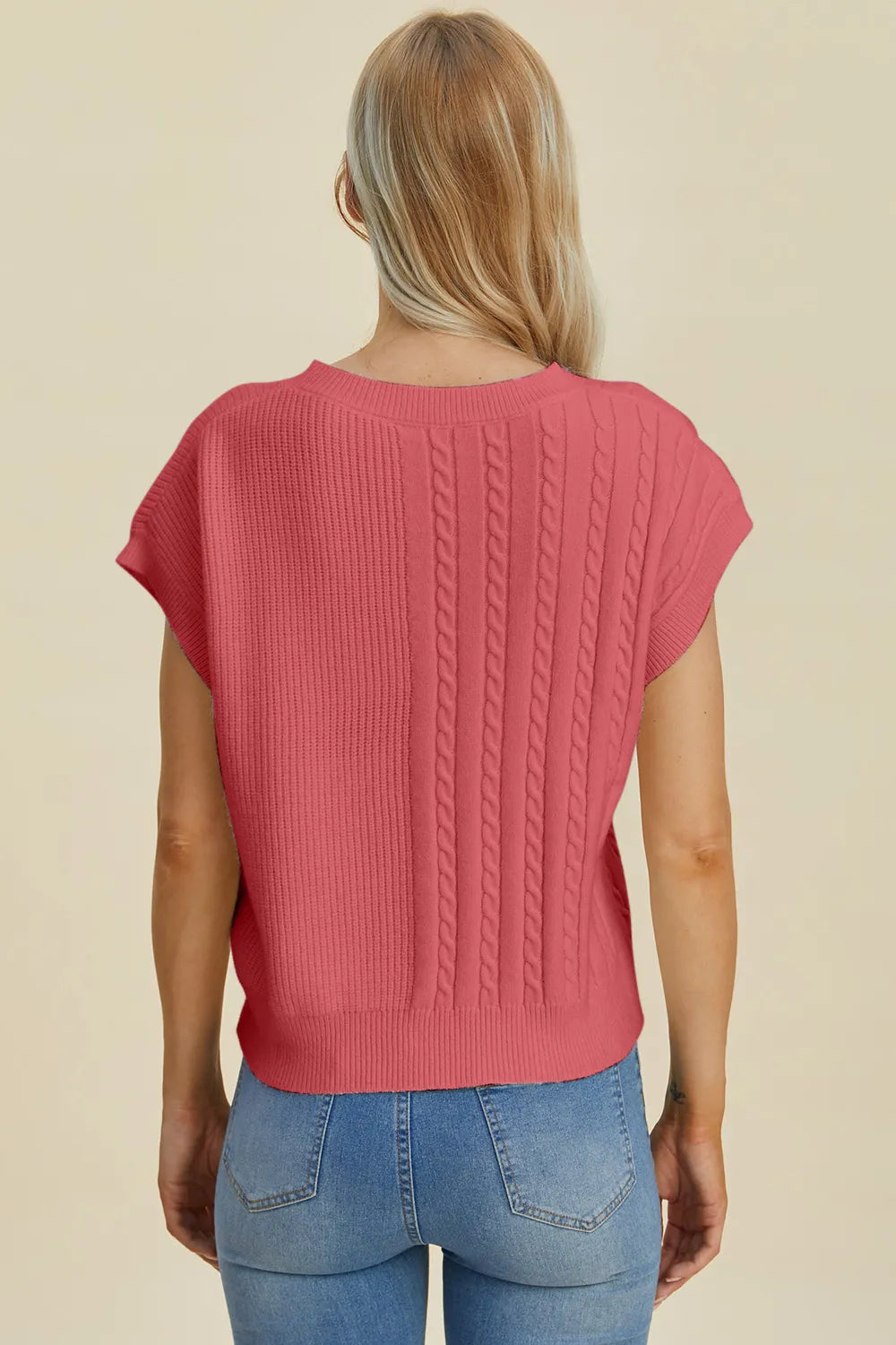 Double Take Full Size Cable-Knit Round Neck Short Sleeve Sweater - -
