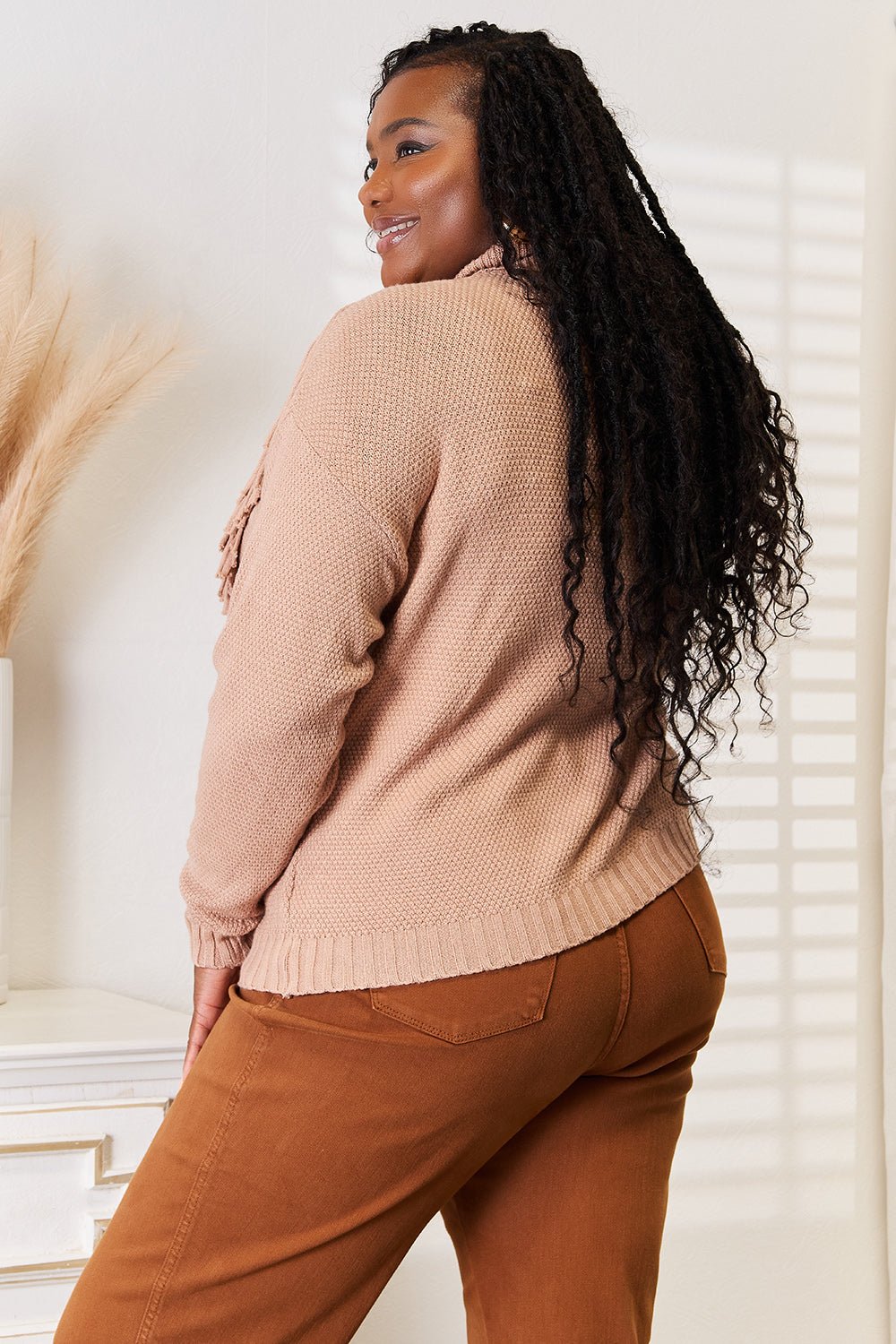 Woven Right Turtleneck Fringe Front Long Sleeve Sweater - -