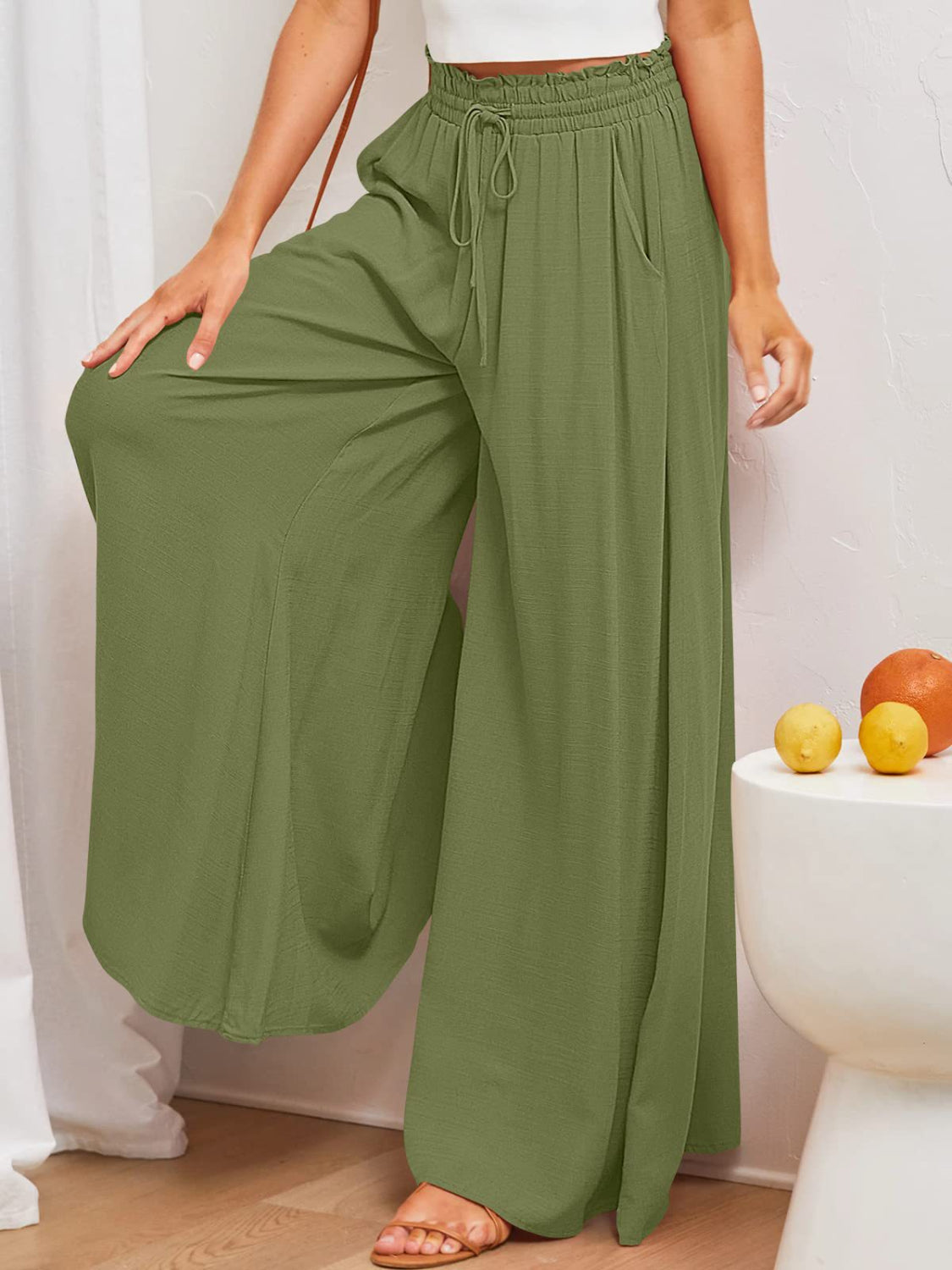 Wide Leg Pants with Pockets - Matcha Green -