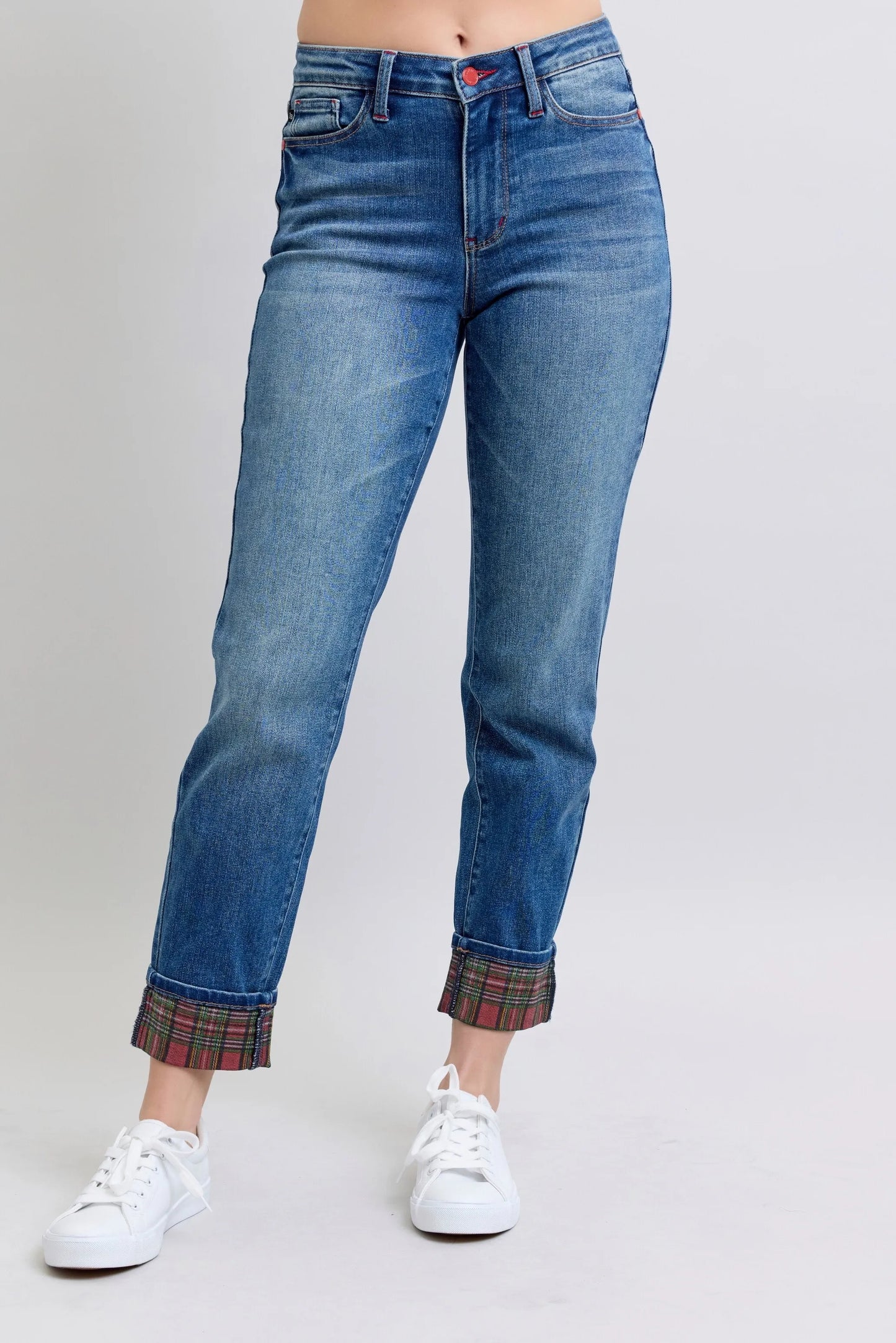 Judy Blue Full Size Mr Plaid Print Cuff Bf Jeans Plus Size – | Shannon’s Chique Boutique