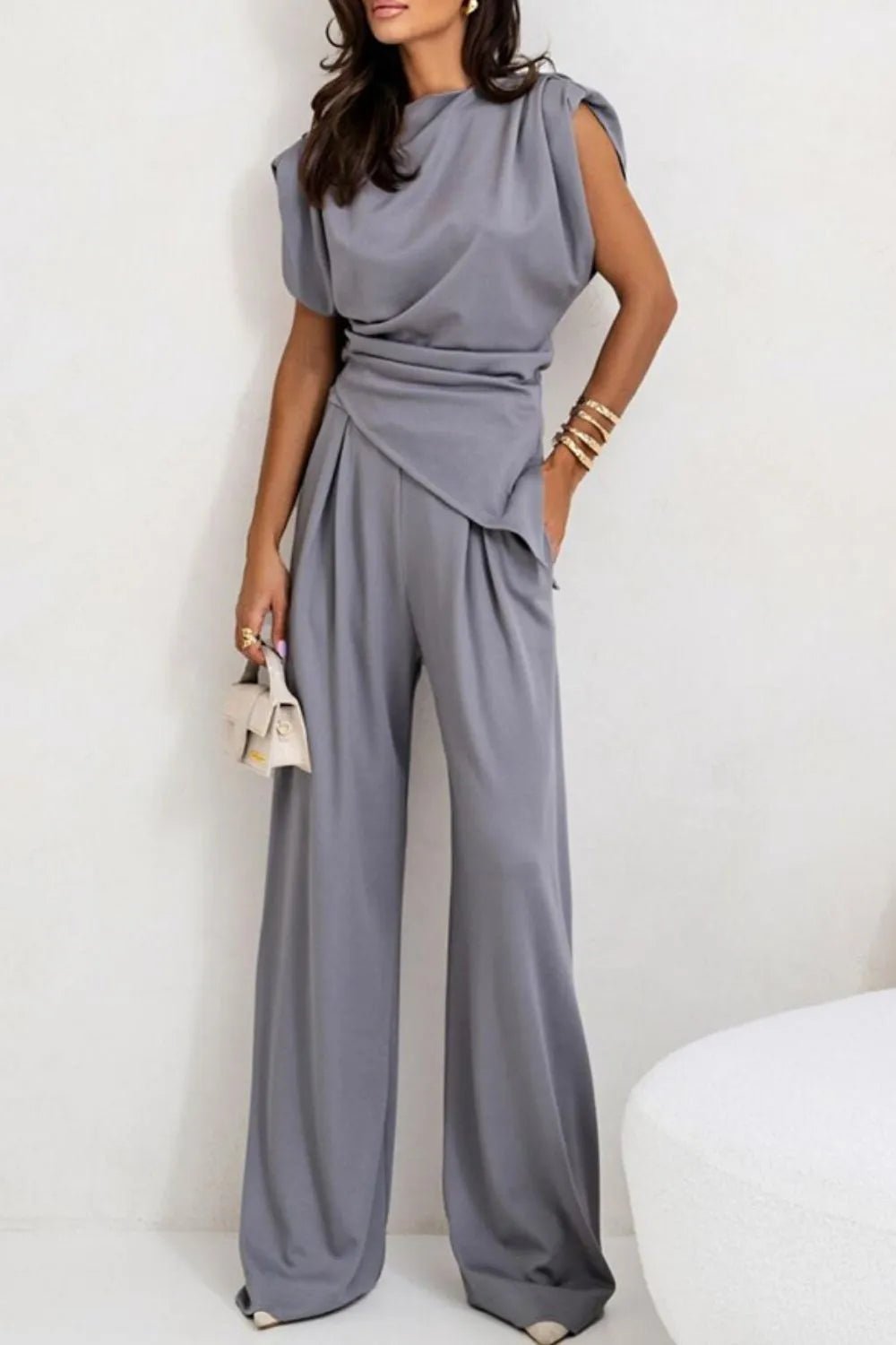 Luxe Asymmetrical Ruched Set - Elevated Wide-Leg Ensemble - Light Gray -