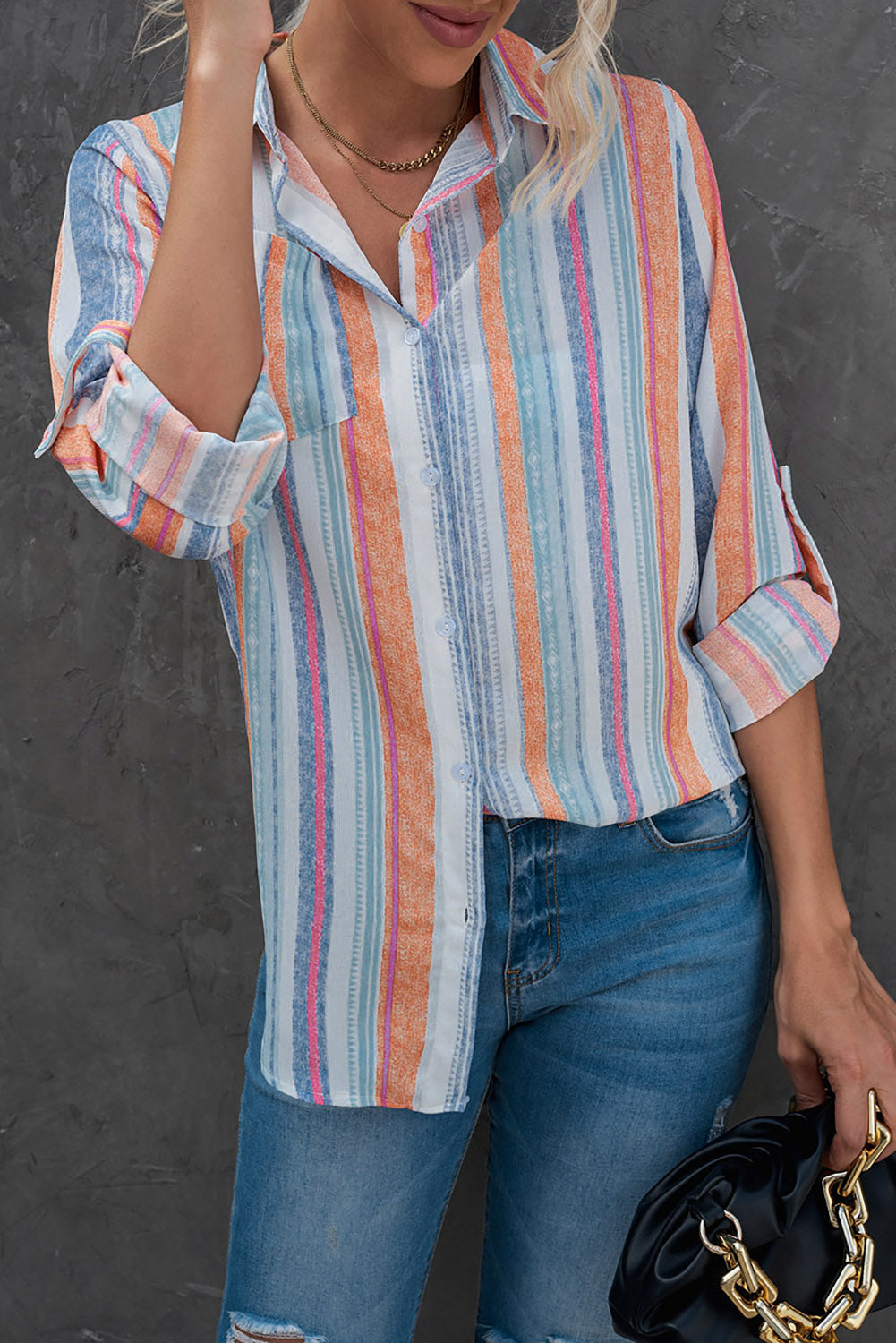 Striped Button-Up Curved Hem Shirt with Breast Pocket - -