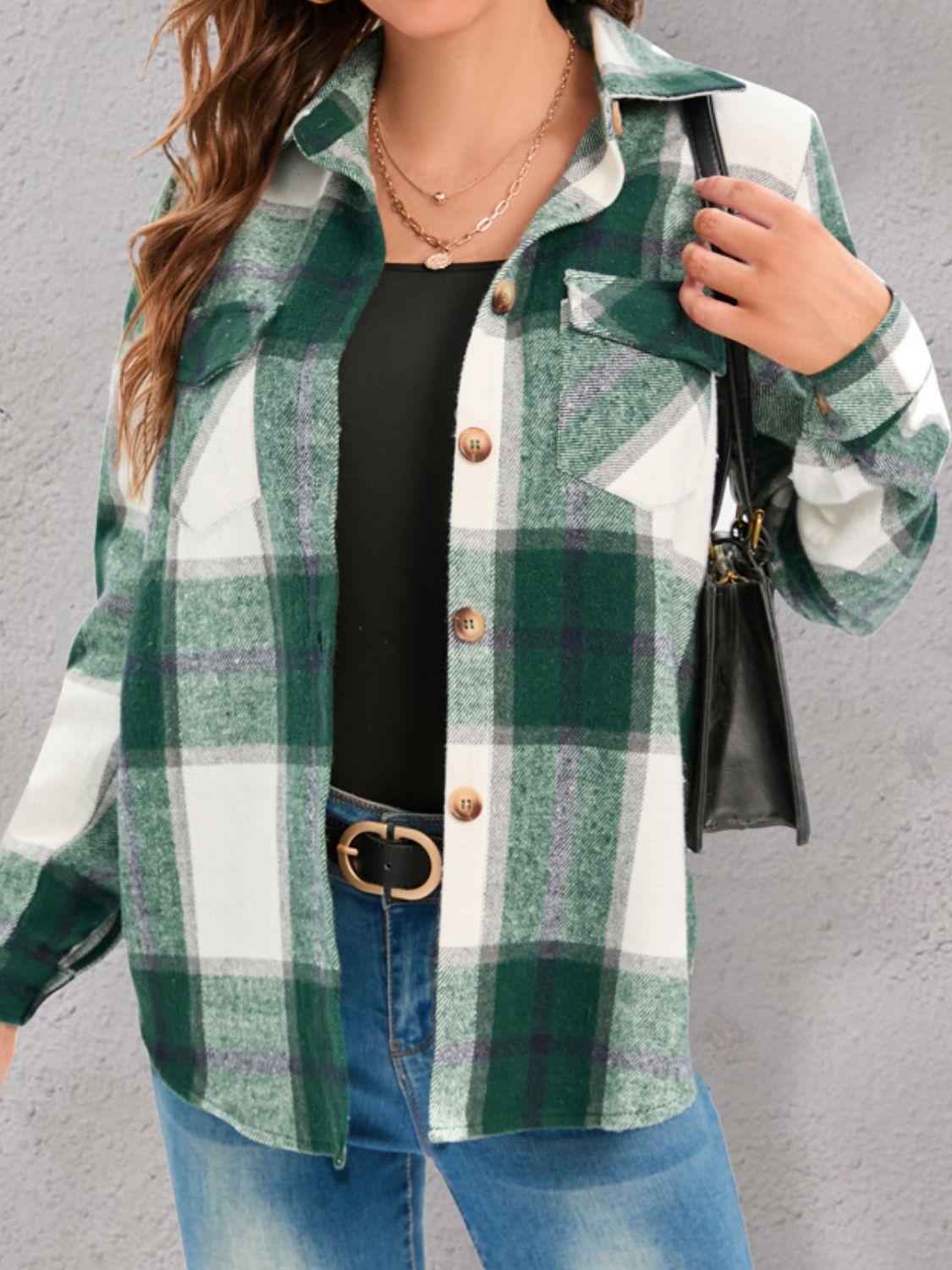 Full Size Pocketed Plaid Collared Neck Shacket - -