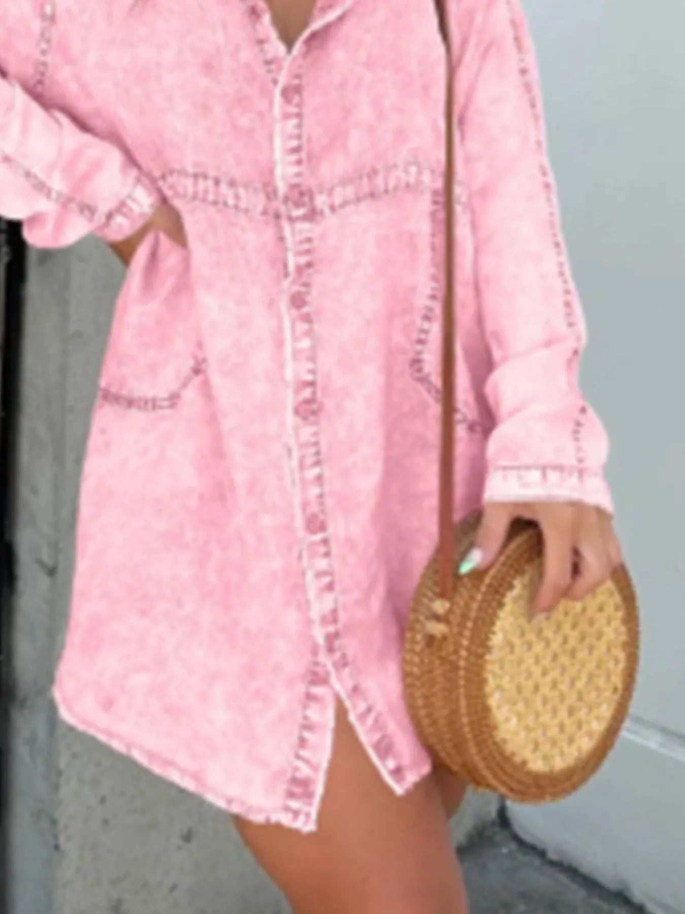 Full Size Button-Front Long Sleeve Denim Shirt Dress Plus Size - -