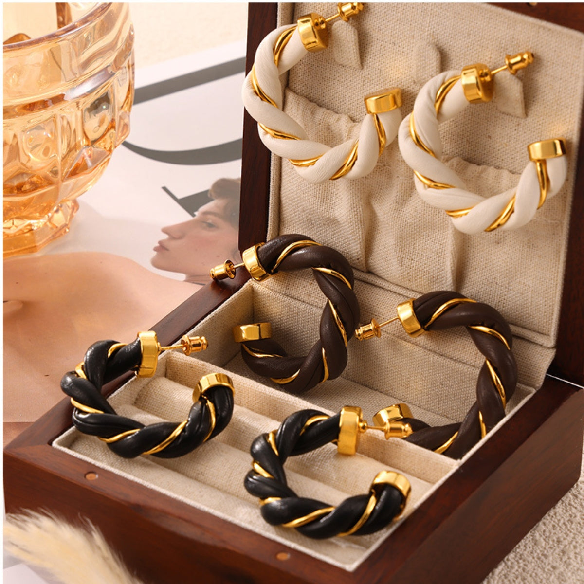 Twisted Leather Rope C-Hoop Earrings - -