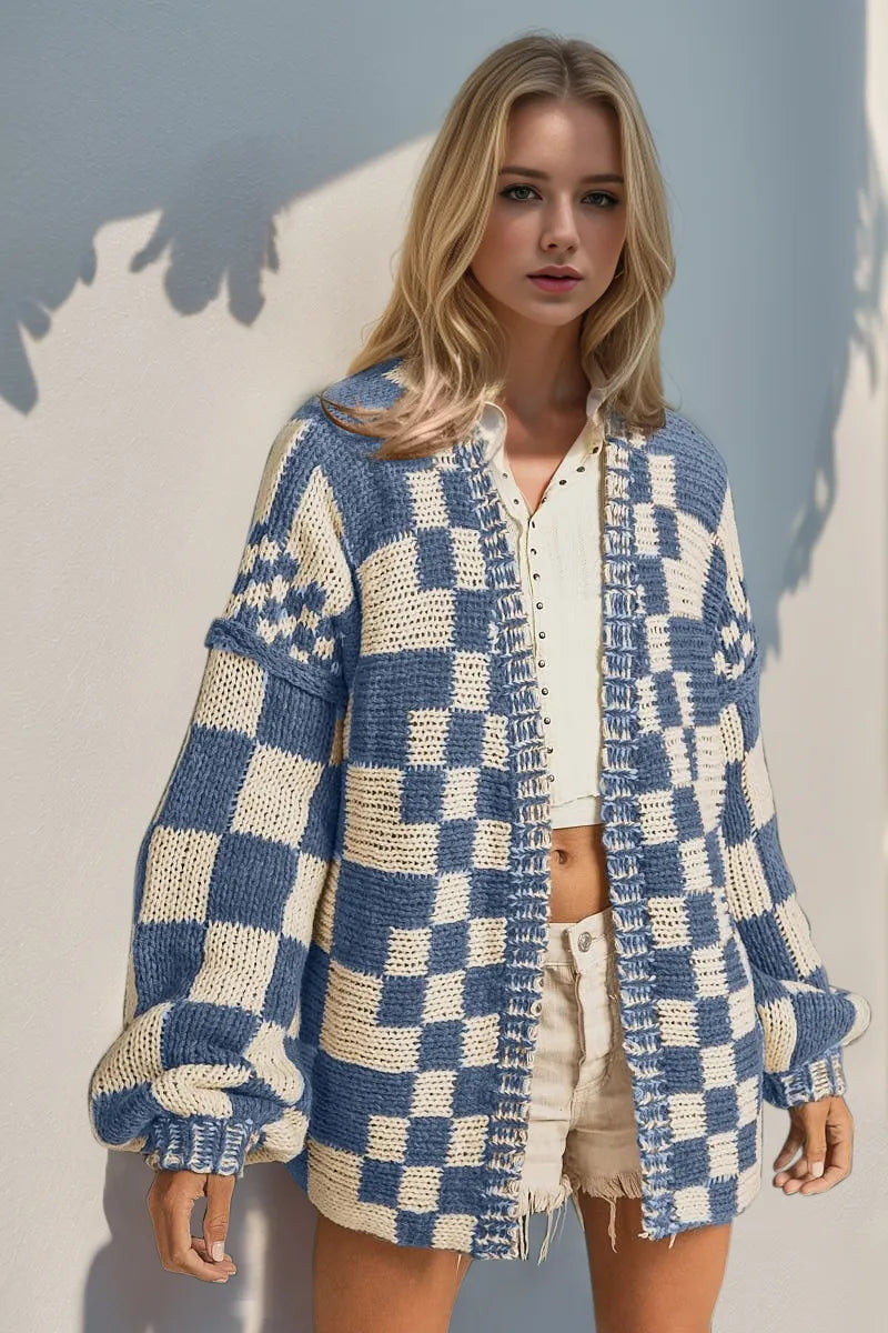 Double Take Full Size Open Front Checkered Drop Shoulder Cardigan - Pastel Blue -