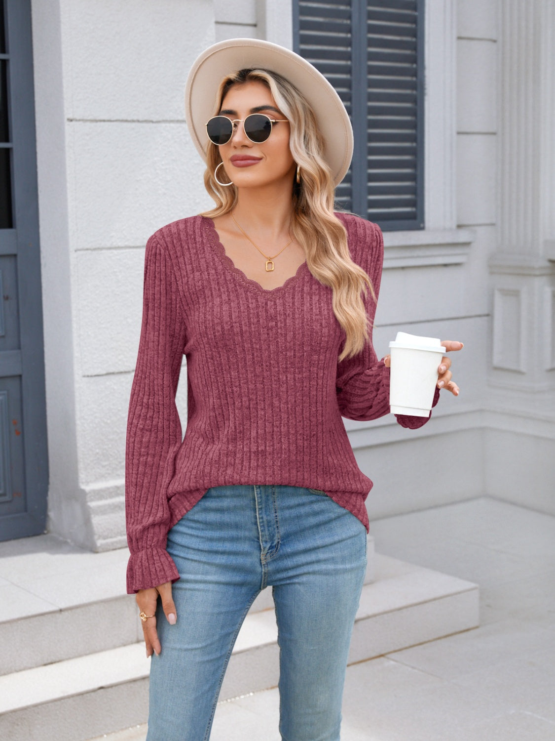 Lace Detail V-Neck Long Sleeve T-Shirt - -