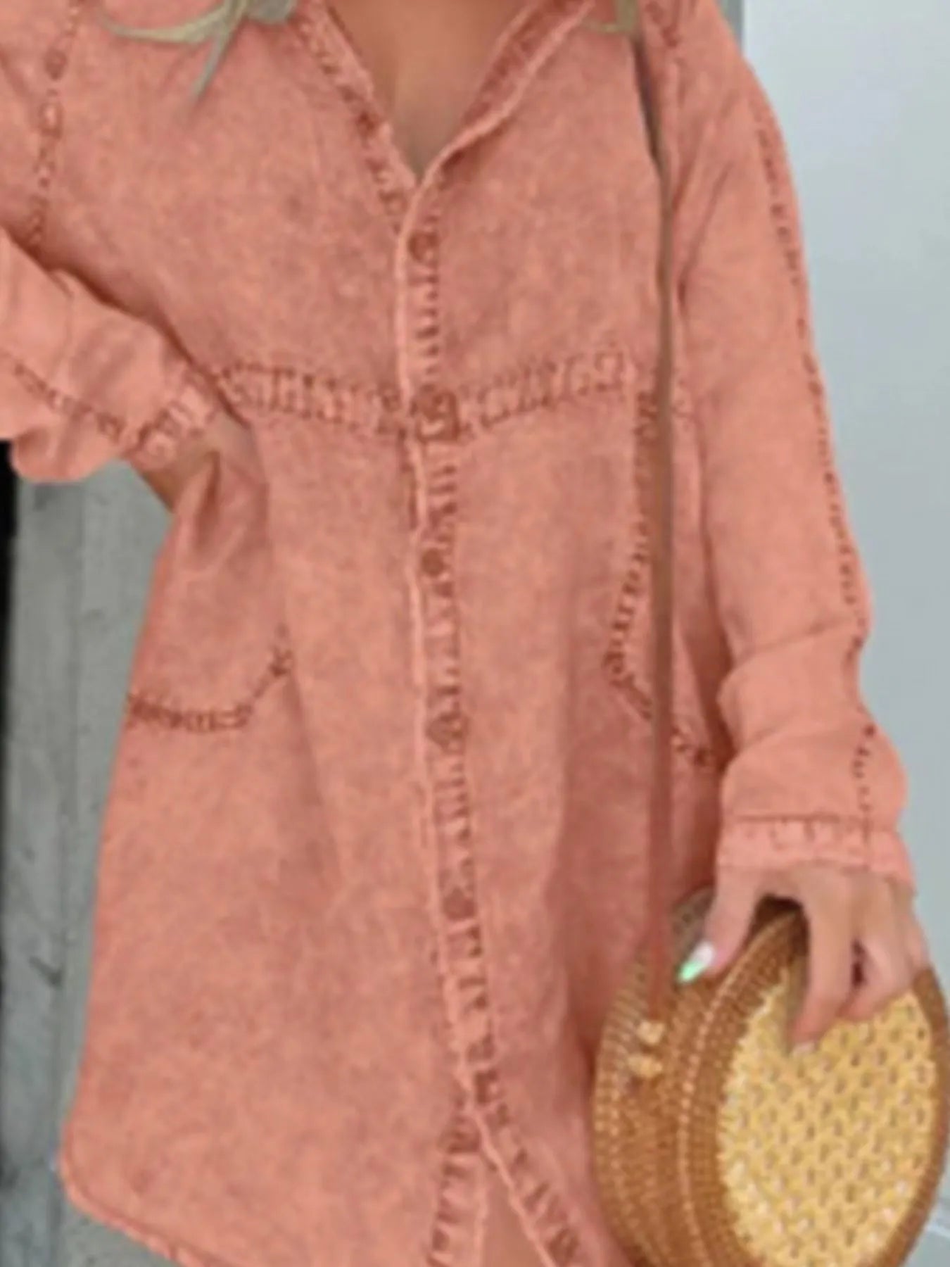 Full Size Button-Front Long Sleeve Denim Shirt Dress Plus Size - -
