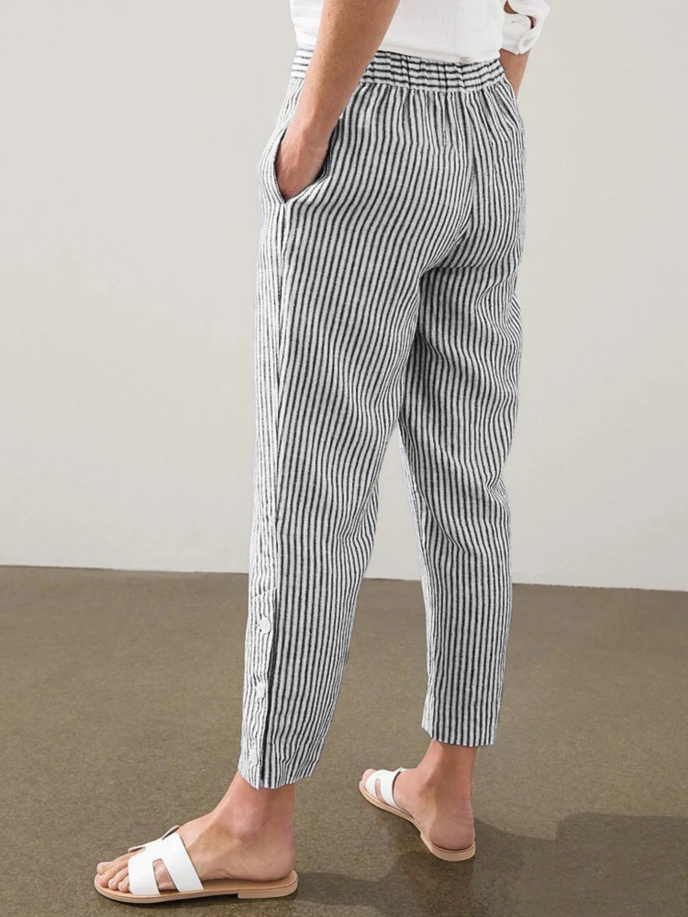 Full Size Striped Side Button Detail Pants Plus Size - -