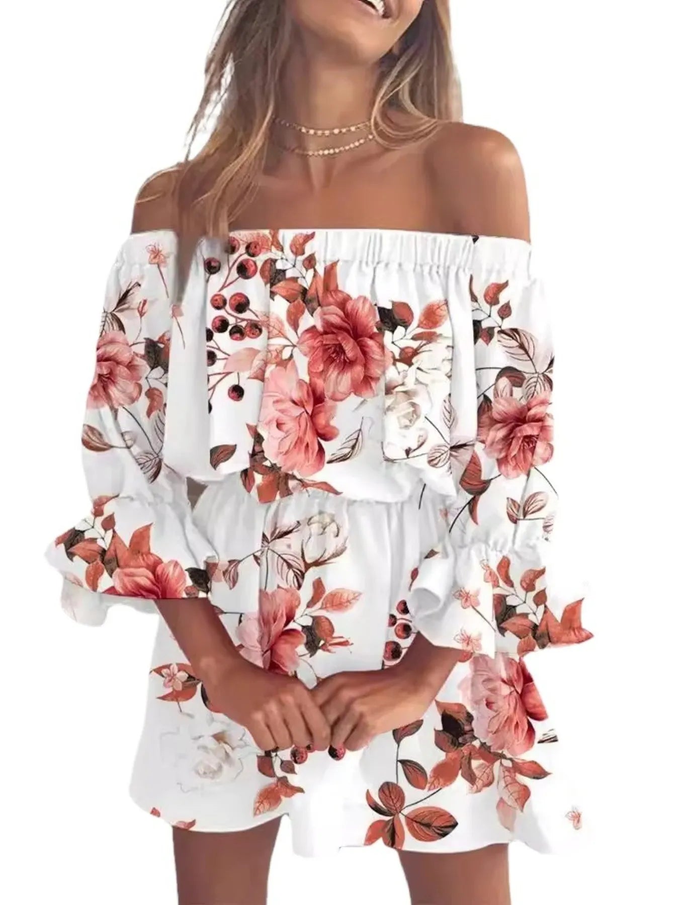 Full Size Floral Off-Shoulder Flounce Sleeve Mini Dress Plus Size - -
