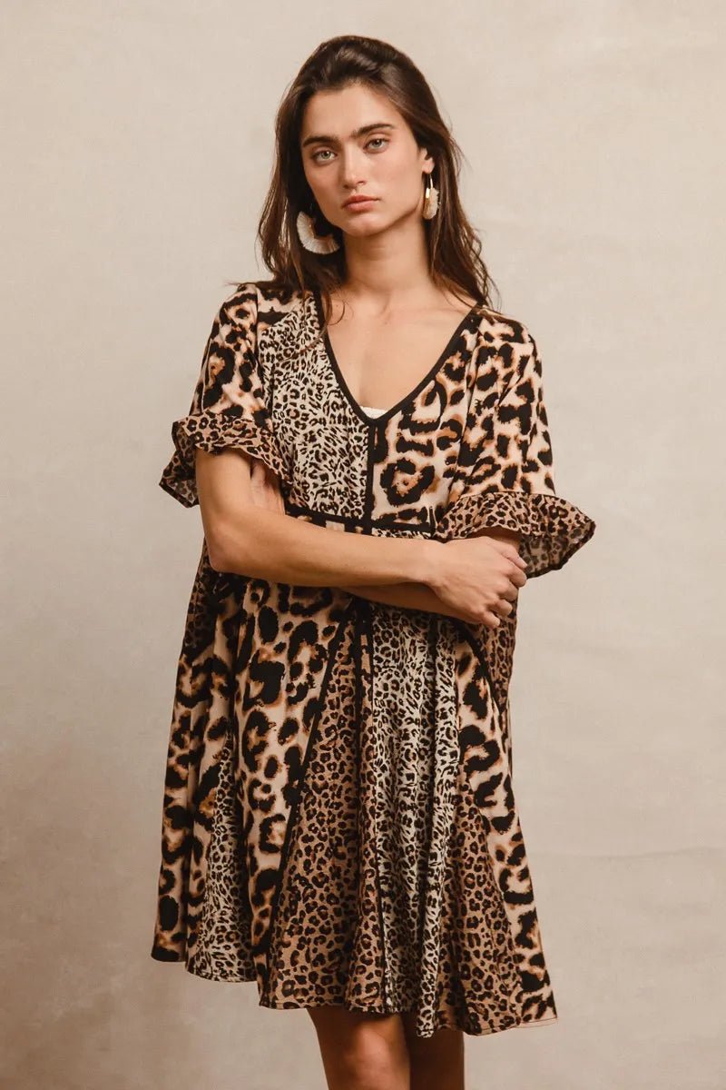 BiBi Leopard Prints Mix and Match Short Sleeves Dress - -