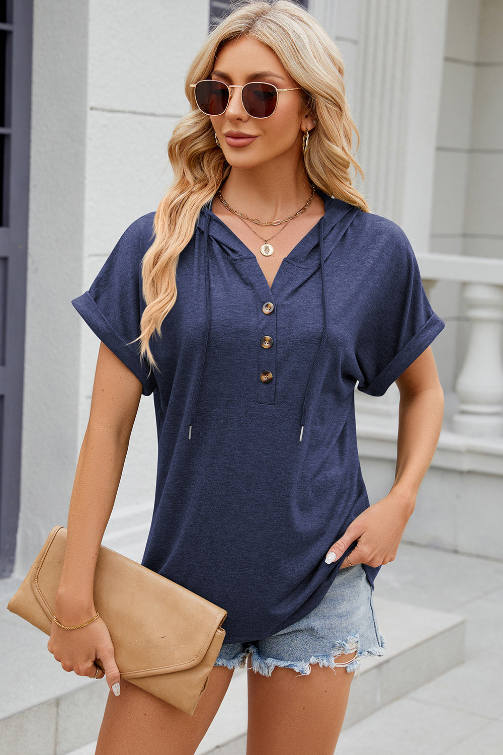 Florira Hooded Short Sleeve T-Shirt - Dark Blue -