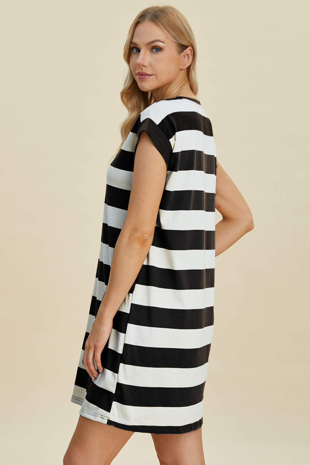 Basic Bae Full Size Striped Round Neck Cap Sleeve Mini Dress - -
