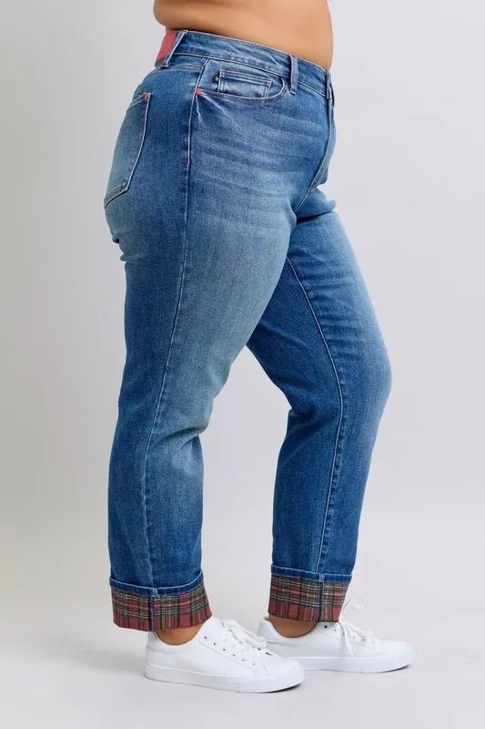 Judy Blue Full Size Mr Plaid Print Cuff Bf Jeans Plus Size – | Shannon’s Chique Boutique