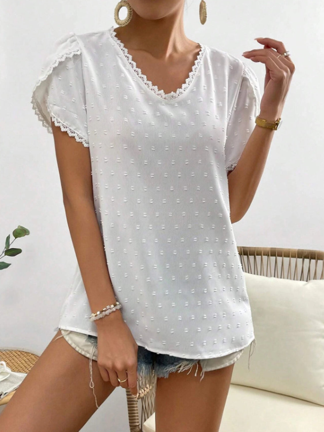 Swiss Dot Lace Detail V-Neck Petal Sleeve Blouse - -