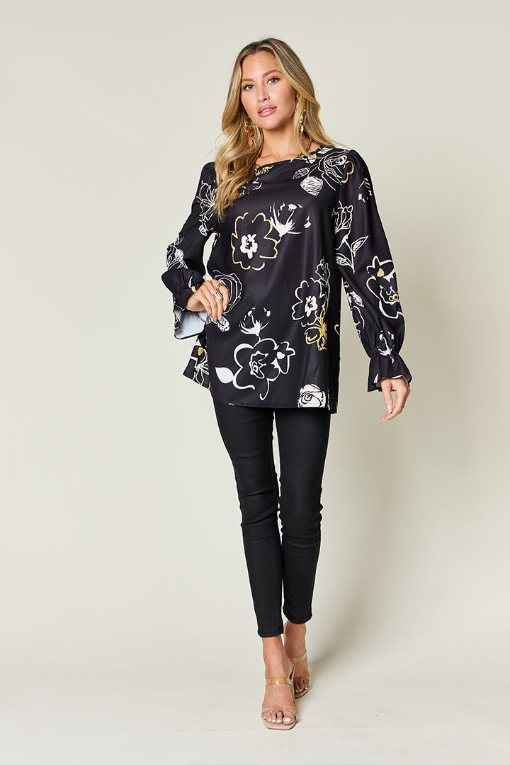 Double Take Full Size Printed Flounce Sleeve Blouse - -