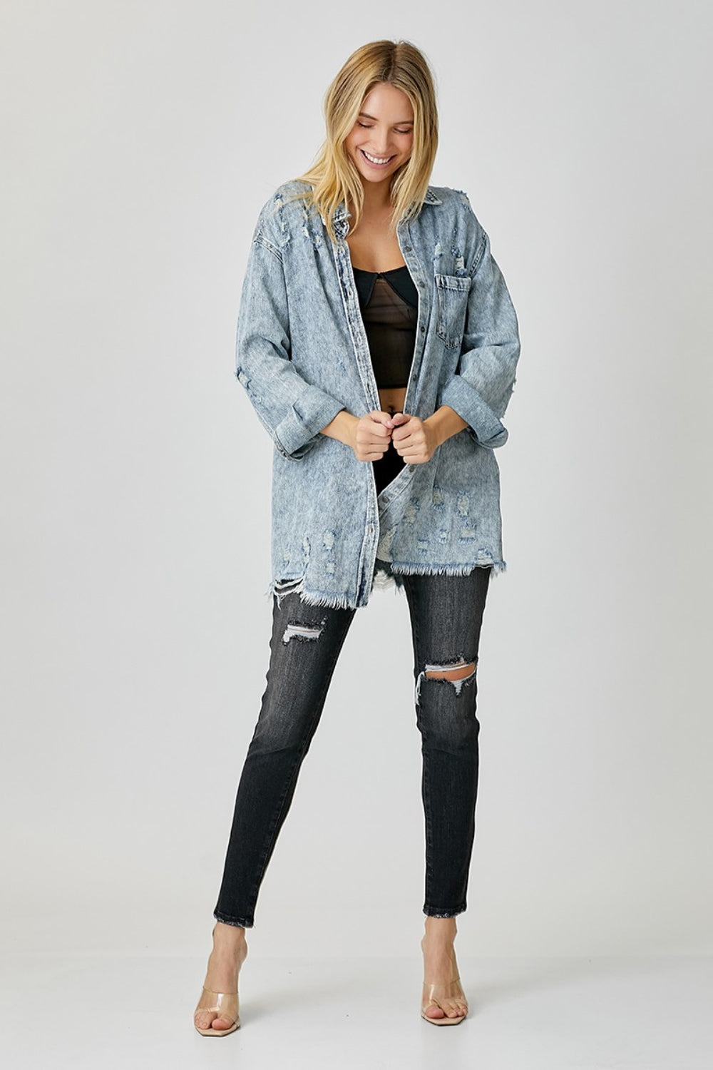 RISEN Distressed Raw Hem Denim Shirt - -