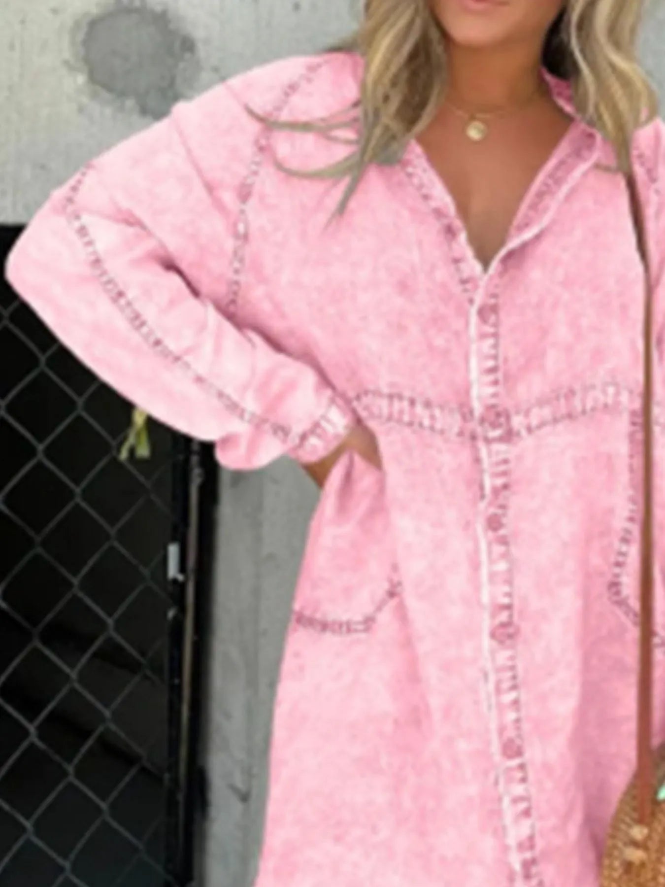 Full Size Button-Front Long Sleeve Denim Shirt Dress Plus Size - -