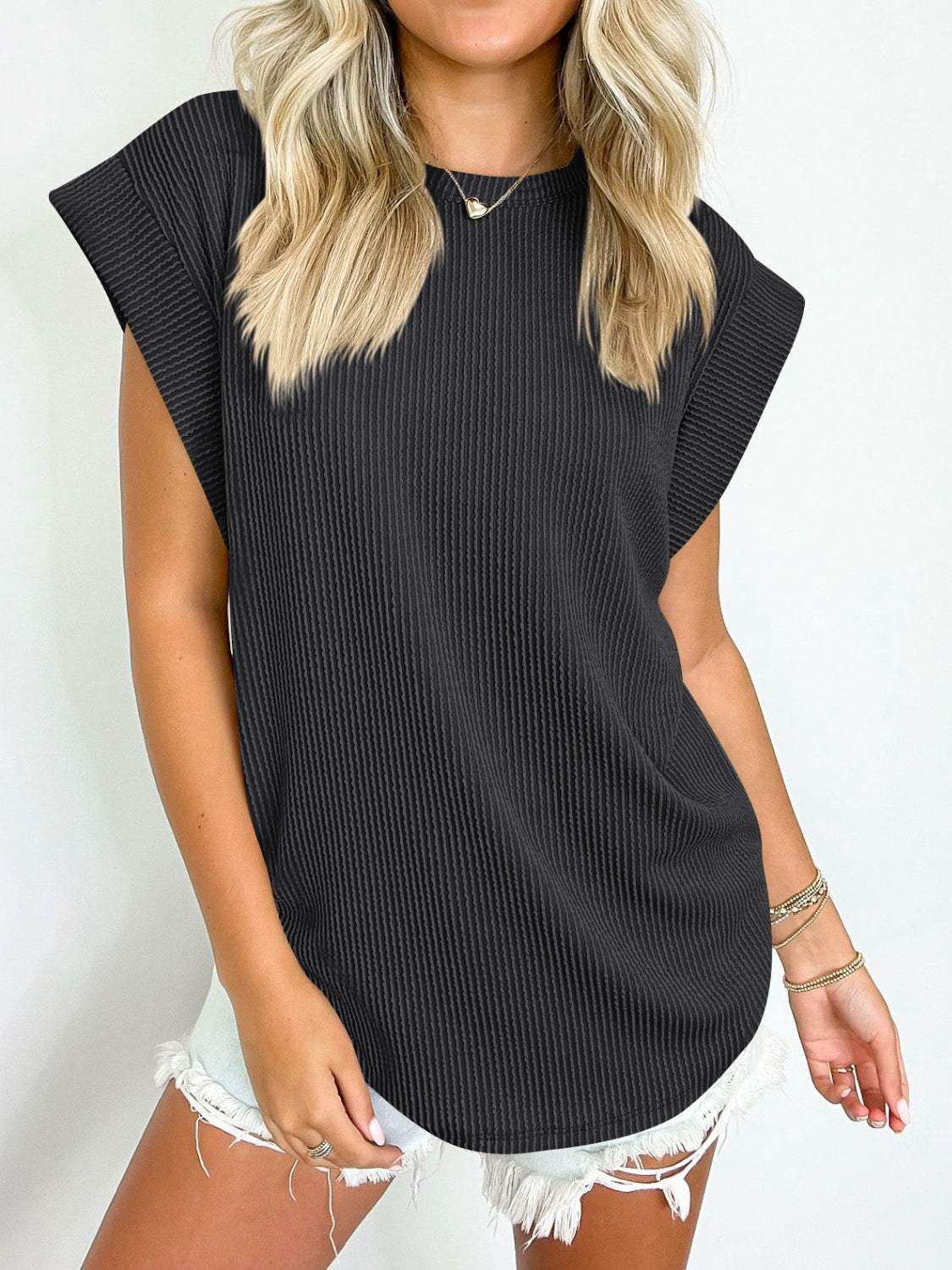 Lovelet Textured Round Neck Cap Sleeve Blouse - -
