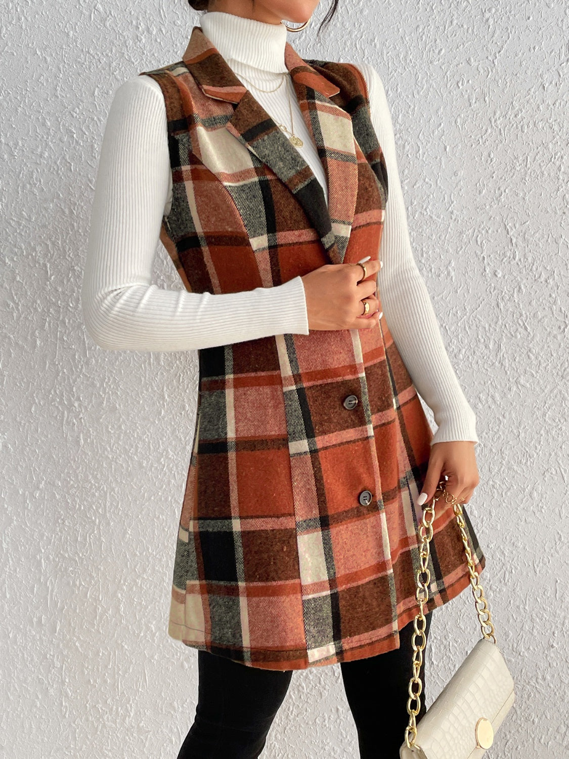 Honey Plaid Button Up Vest Coat - -