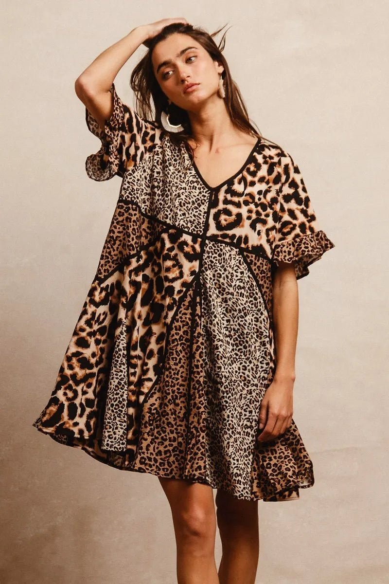 BiBi Leopard Prints Mix and Match Short Sleeves Dress - -