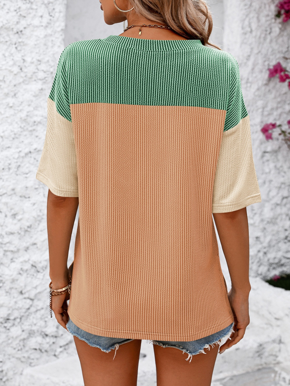 Color Block Round Neck Half Sleeve T-Shirt - -