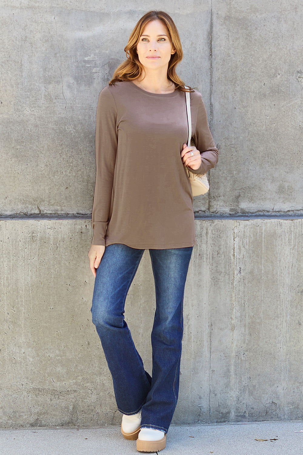 Basic Bae Full Size Round Neck Long Sleeve Top – Mocha Brown - -
