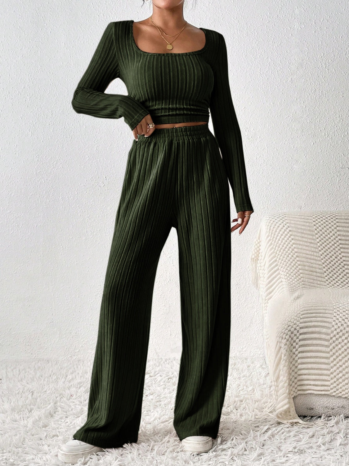 Honey Scoop Neck Long Sleeve Top and Pants Set - -