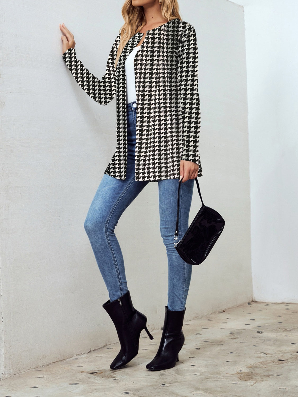 Houndstooth Open Front Long Sleeve Jacket - -