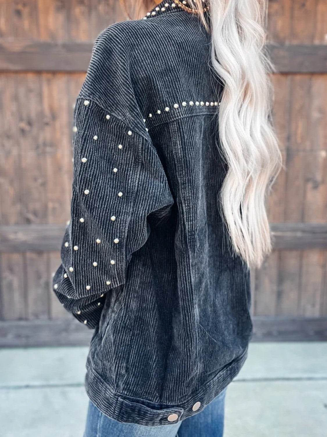 Studded Collared Neck Button Down Jacket - -