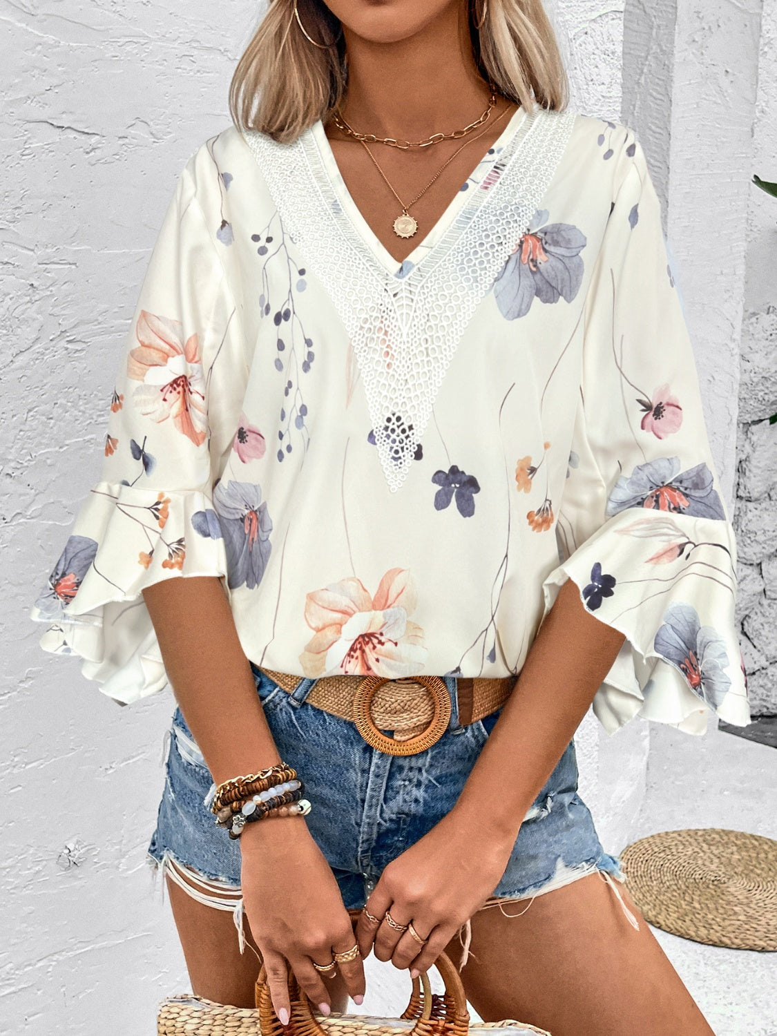 Honey Ruffled Printed V-Neck Half Sleeve Blouse - -