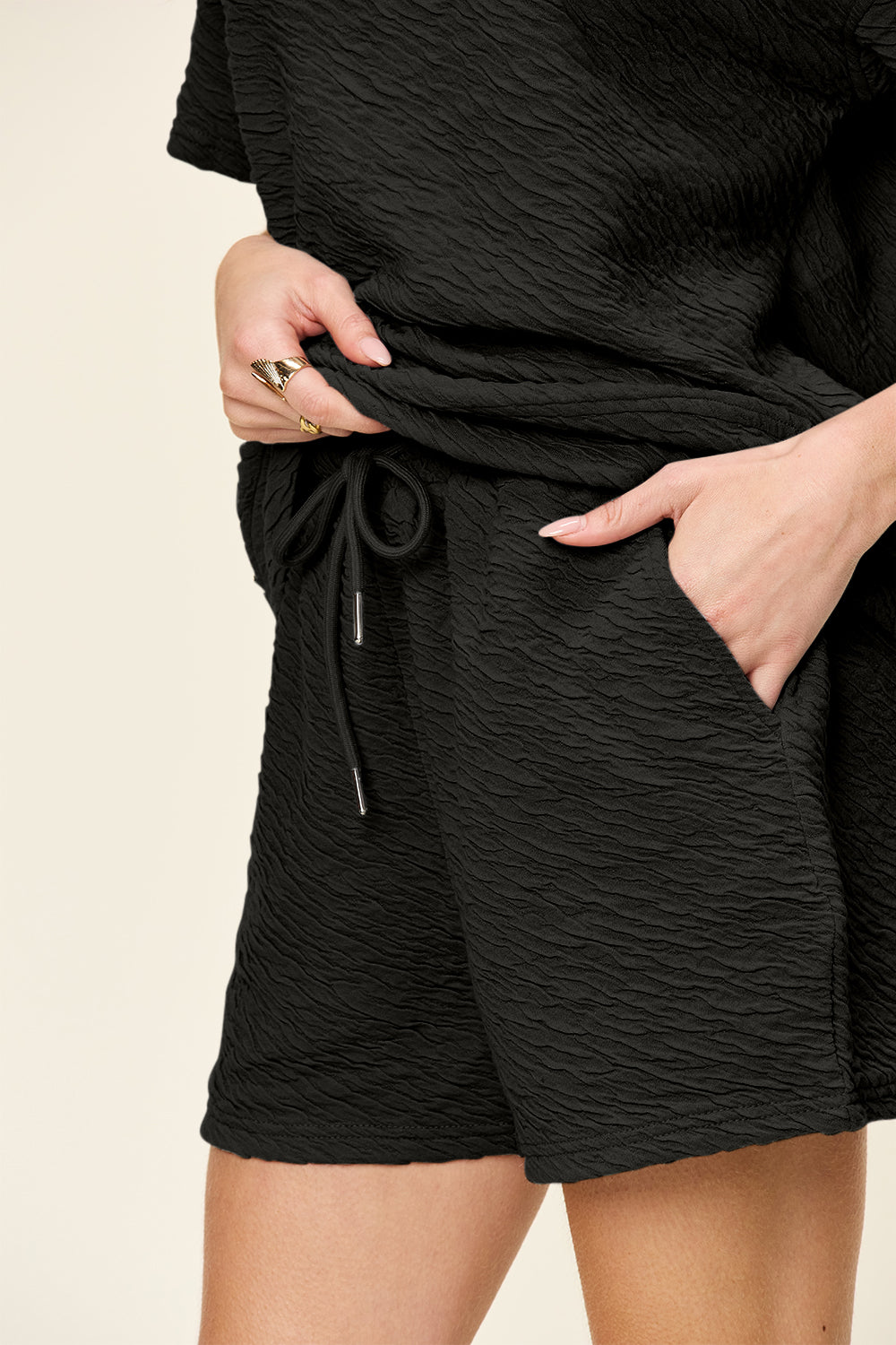 Double Take Full Size Texture Short Sleeve T-Shirt and Drawstring Shorts Set - -