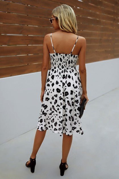 V Neck Spaghetti Strap Leopard Cut Out Midi Dress – | Shannon’s Chique Boutique