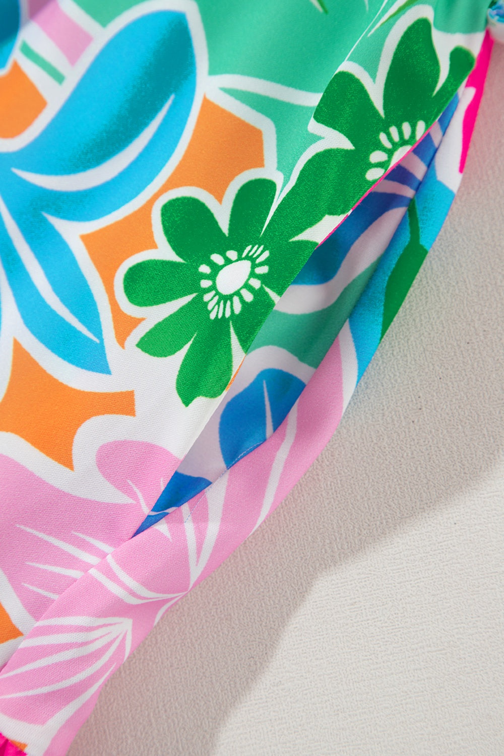 Printed Tie Waist Lantern Sleeve Mini Dress - -