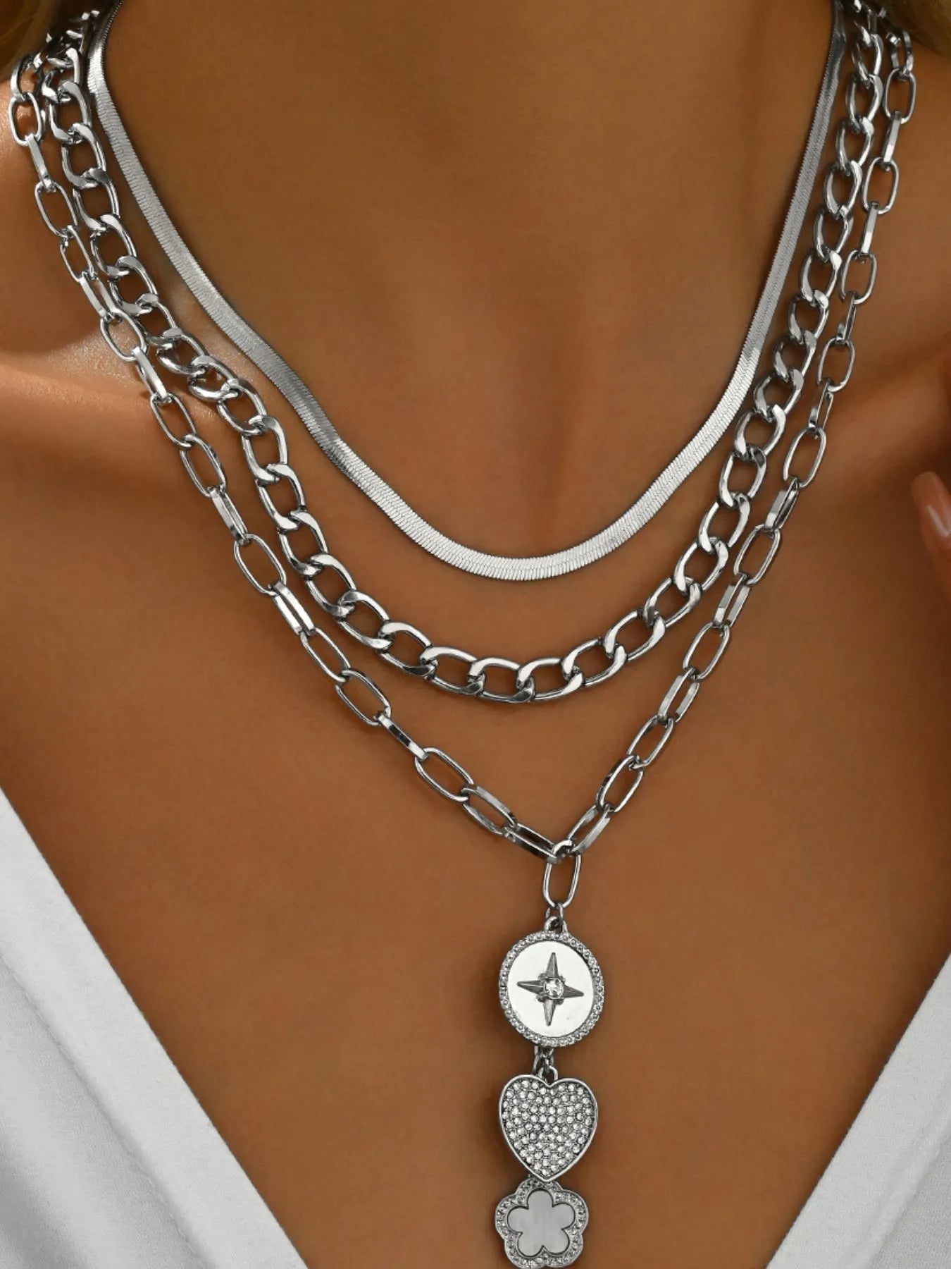 Stainless Steel Layered Necklace - Silver One Size -