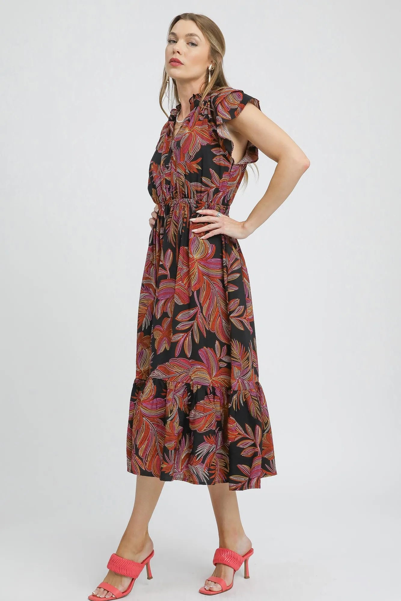 Umgee Mix Ruffle Sleeve Tropical Midi Dress – | Shannon’s Chique Boutique